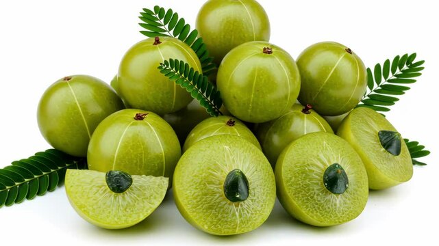 A pile of amla fruits with leaves, showcasing their vibrant green color.