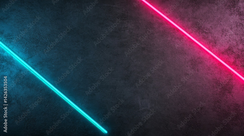 Leinwandbilder Glowing teal and magenta lines intersect, illuminating a textured black background, while subtle flares enhance the depth in this abstract design