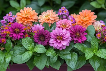 Fototapeta premium Colorful zinnia flowers blooming in a garden during spring season enhancing the landscape with vibrant hues
