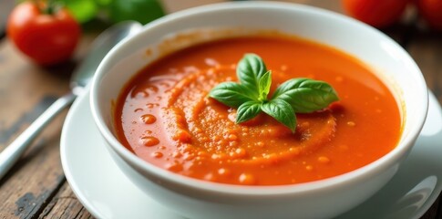 Creamy tomato soup in a white bowl with a sprig of fresh basil garnish on top , bowl, food