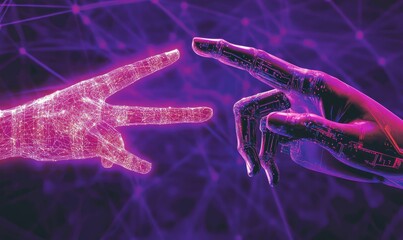 Human and robotic hands reaching, connected by digital network