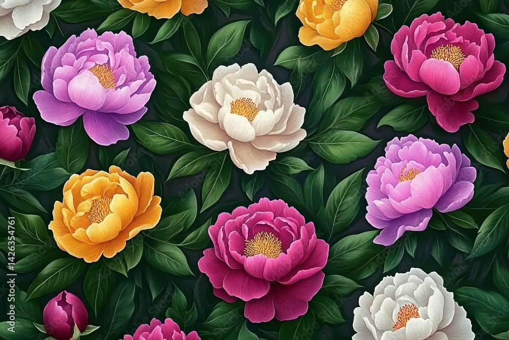 Poster vibrant floral pattern featuring peonies of various colors on a dark background