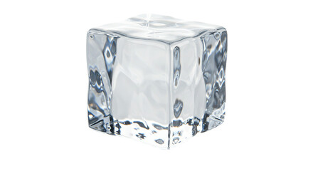 A single ice cube with transparent and reflective surfaces isolated against a black background space