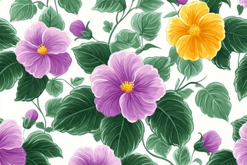 Colorful hibiscus flowers in vibrant designs create a lively floral pattern on a light background