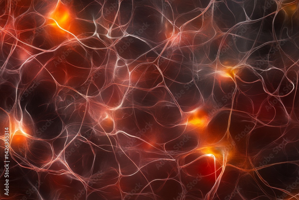 Poster close-up view of vibrant nerve cells and neurons against a dark background, revealing the delicate w