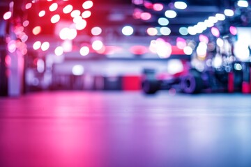 Vibrant bokeh lights enhance the atmosphere in a racing garage, showcasing dynamic car parts and performance elements while evoking excitement and energy