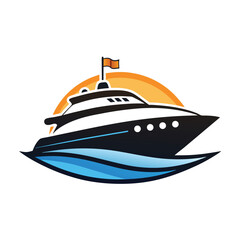Luxury Yacht at Sunset Ocean Wave Logo Design