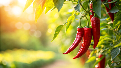 Red Chilies growing in field, Red Chilies in field in natural Background