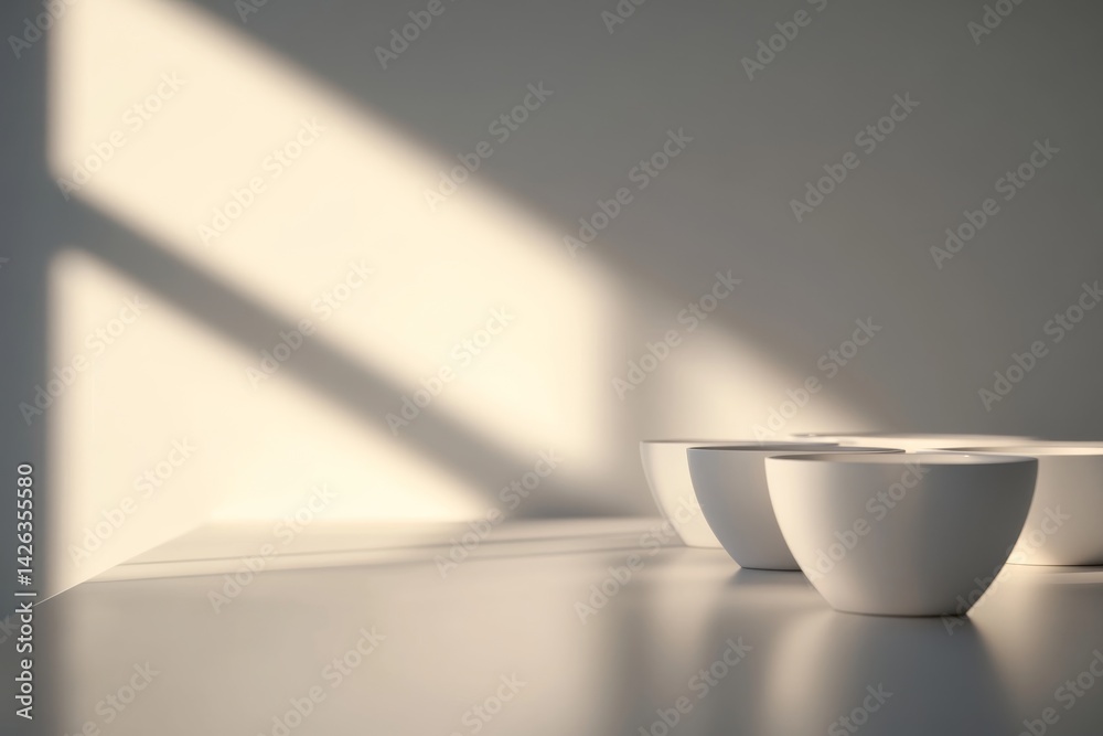 Poster Close-up view of white ceramic vessels arranged neatly on a minimalist surface, enhanced by soft lighting that creates gentle shadows and a calming ambiance