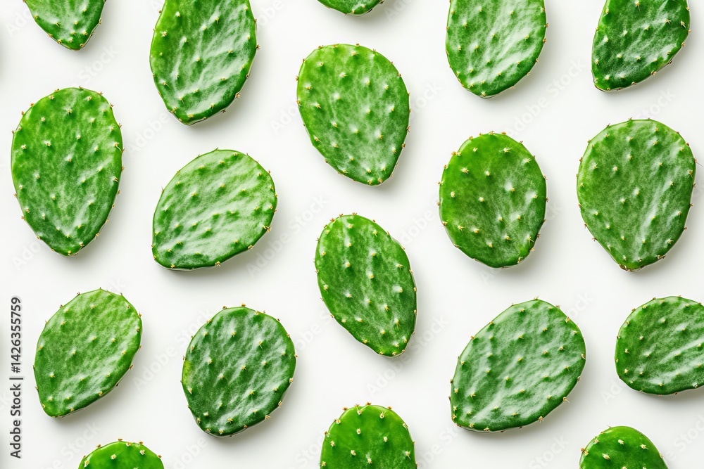 Aufkleber fresh green cactus leaves arranged evenly on a white background create a vibrant botanical pattern