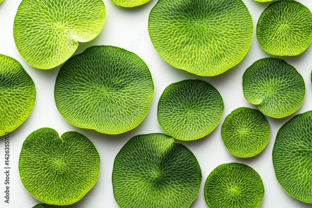 Poster Fresh green lily pads arranged on a light surface create a tranquil and vibrant natural pattern for relaxation