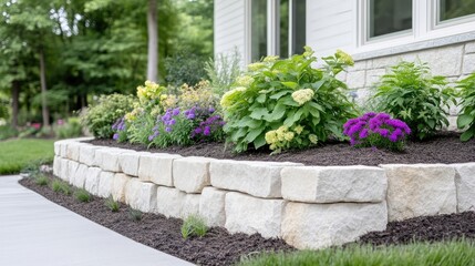 Low stone retaining wall garden bed, vibrant flowers, and landscaping