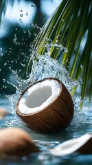 Coconut splashing into tropical water with palm leaves, freshness, vitality, and exotic essence in nature concept