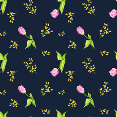 Seamless pattern with spring flowers on a blue background. Watercolor tulips and mimosa. Spring, Mother's Day, Easter, Women's Day, Birthday. Background for cards, posters, wrapping paper, wallpaper.