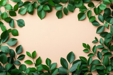 Fresh green leaves arranged artistically on a light beige background during daylight hours