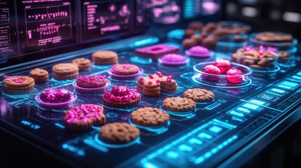 Futuristic food analysis of cookies with various toppings displayed on a digital screen.