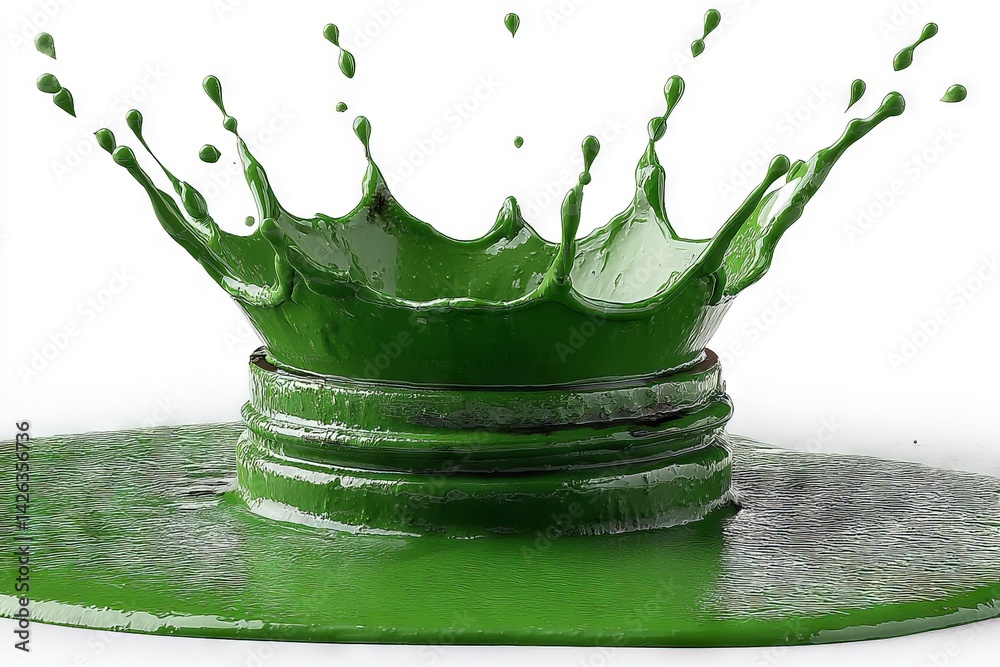 Poster bright green paint splashes in striking crown shape on a white surface during an artistic creation p