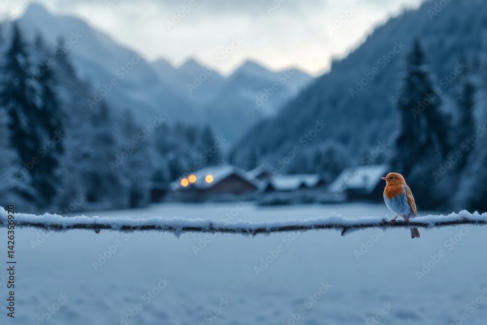 Poster a delicate bird rests on a frost-covered branch in a tranquil winter park, surrounded by soft snow a