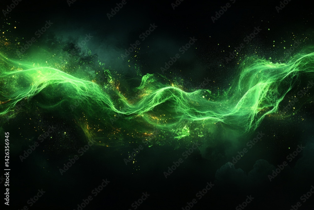 Poster Vibrant green abstract wave of light creating an enchanting atmosphere in a cosmic landscape