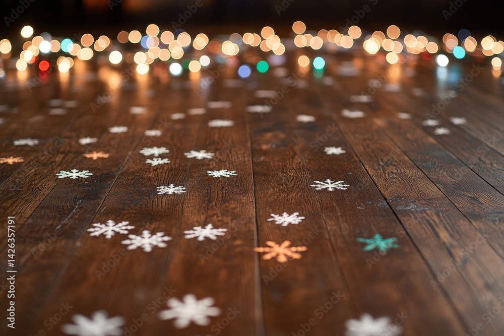 Poster A close-up of a festive birthday arrangement featuring scattered snowflakes on a table, illuminated by soft fairy lights, creating a warm and inviting ambiance