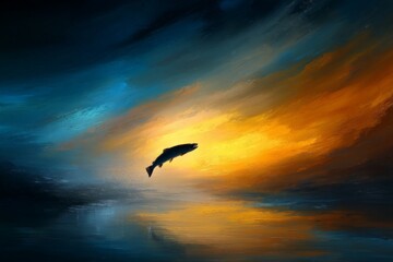 Naklejka premium Surreal fish leaping in a vibrant sunset over calm waters reflecting warm hues