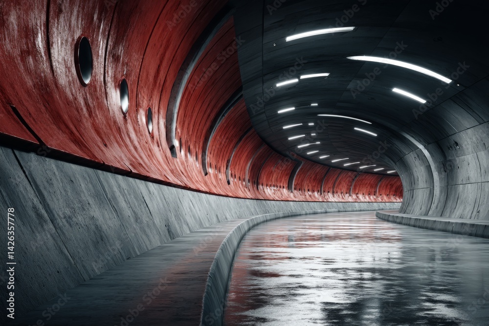 Poster curved underground tunnel with red accents and reflective surface in a modern architectural design