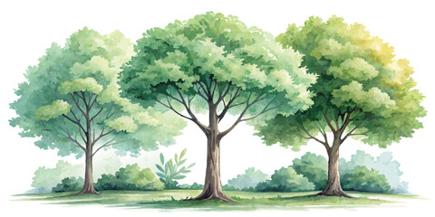 Obraz premium watercolor green tree or forest side view isolated on white background for landscape and architecture drawing,elements for environment or and garden,Shrub for section