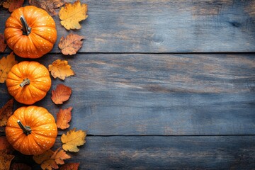 Autumn harvest display with pumpkins and colorful leaves on wooden background