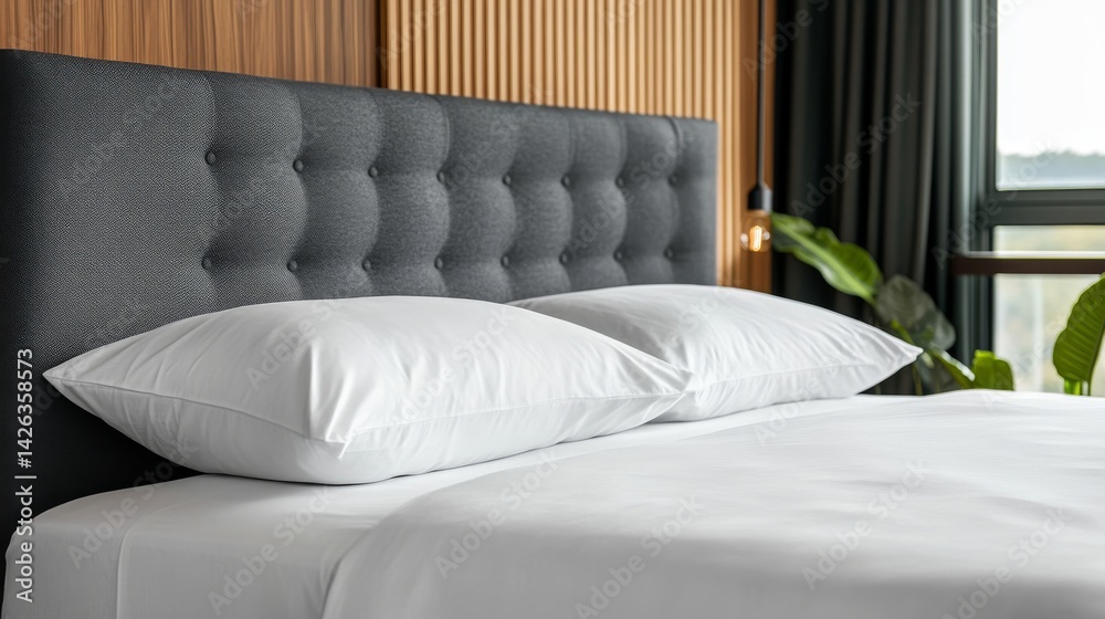 Leinwandbilder close-up view of a queen-sized bed featuring a tufted gray headboard and white bedding, illuminated 