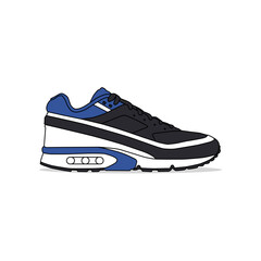 Blue, black, and white sneakers, outlined and isolated on a white background. Suitable for commercial purposes.