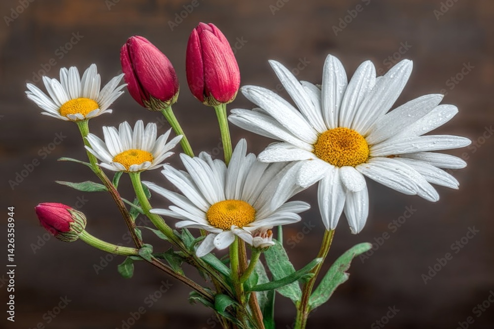 Poster colorful bouquet of daisies and tulips with droplets on petals displayed against a rustic background