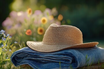 A straw hat rests atop folded denim jeans in a garden setting.