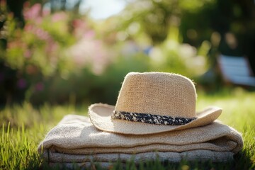 Beige straw hat and blankets rest on a grassy garden.