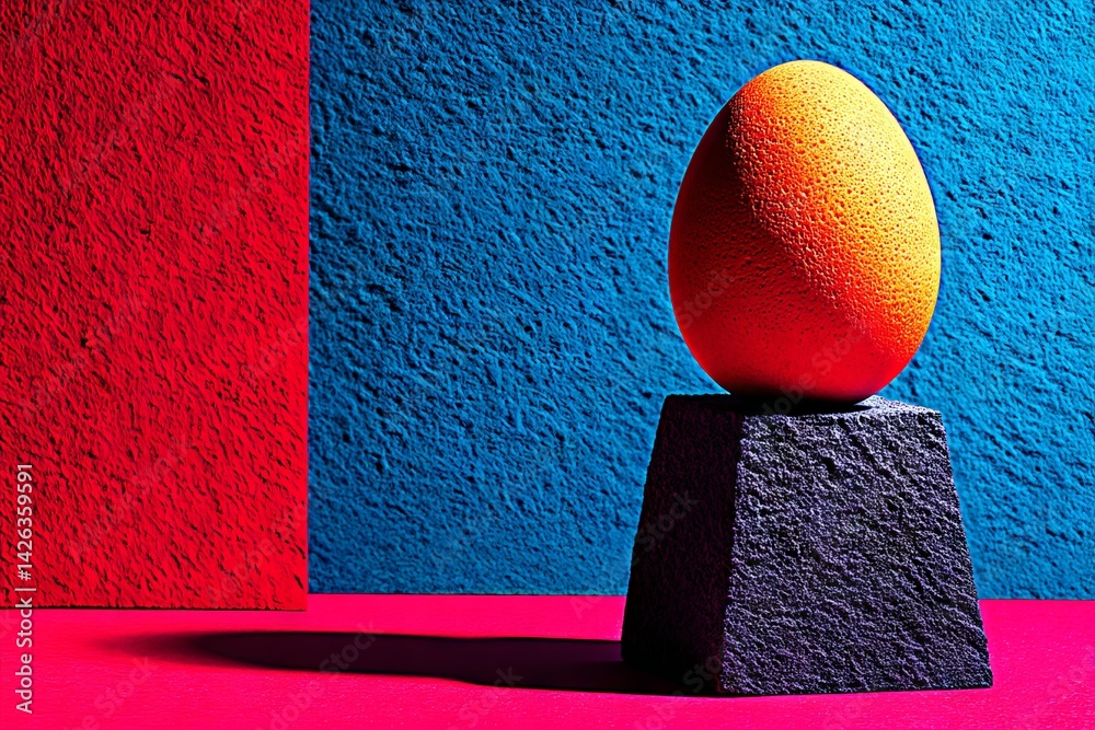 Poster vibrant orange egg on black pedestal with colorful background creating a striking visual contrast