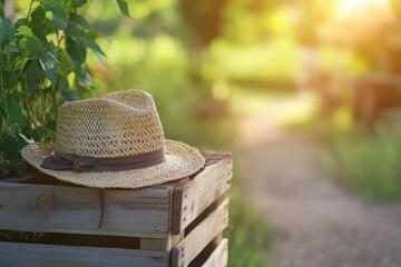 Rustic straw hat rests on a wooden crate outdoors.