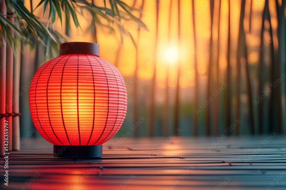 Poster Soft light from a red lantern illuminates a bamboo setting at sunset, creating a serene atmosphere
