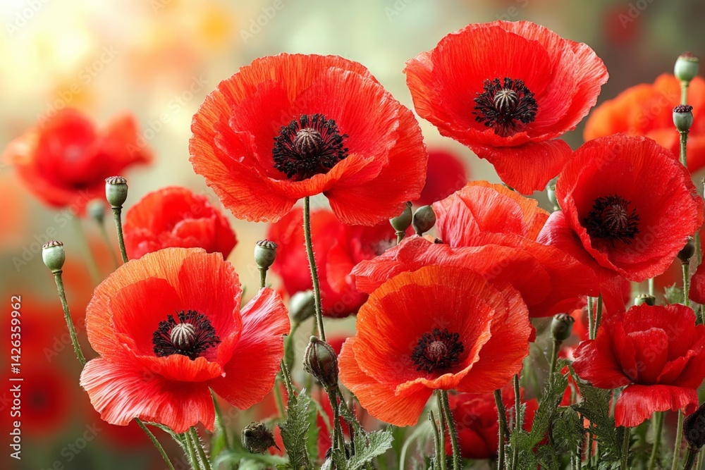 Poster vibrant red poppy flowers bloom in spring sunlight creating a colorful display in a lush garden land