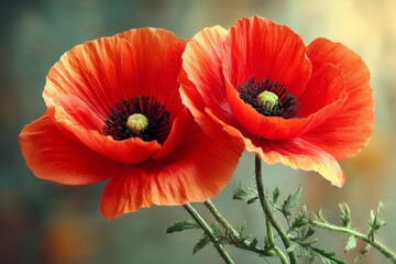 Fototapeta premium Vibrant red poppies bloom against a soft, blurred background during early spring, showcasing their delicate petals and dark centers