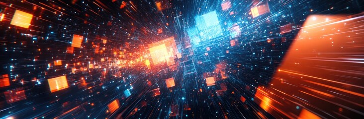 Fototapeta premium Abstract Glowing Energy Field with Blue and Orange Cubes