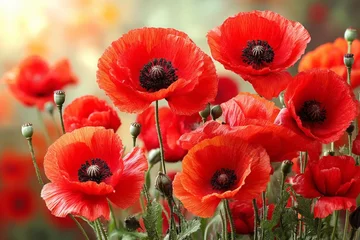 Selbstklebende Fototapeten Vibrant red poppy flowers bloom in spring sunlight creating a colorful display in a lush garden landscape © ChaoticMind
