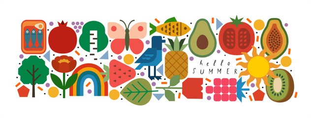Summer. Nature. Vector illustration of sun, sardine, fish, kiwi, pineapple. flower, pomegranate, birch, tree, bird seagull, tomato, butterfly, raspberry, leaf, strawberry, rainbow, avocado, papaya