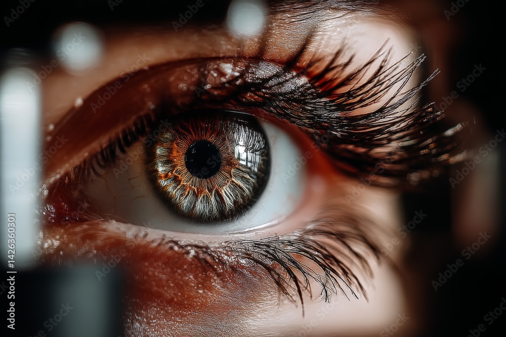 Poster Detailed examination of an eye during an optometry session showcasing unique iris patterns and eyelashes