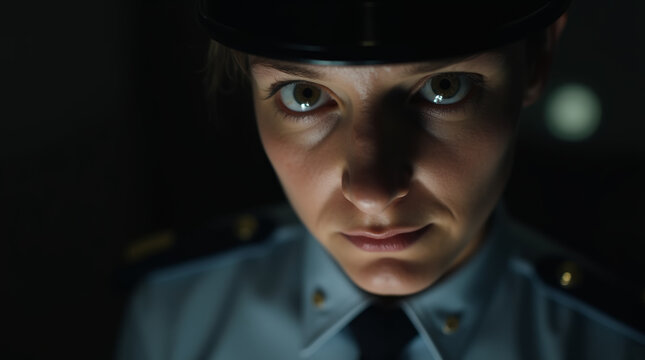 Stern look of a policewoman, ready to perform her duties