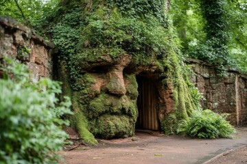 Naklejka premium Moss-covered face sculpture hidden in a lush forest setting near a rustic stone wall