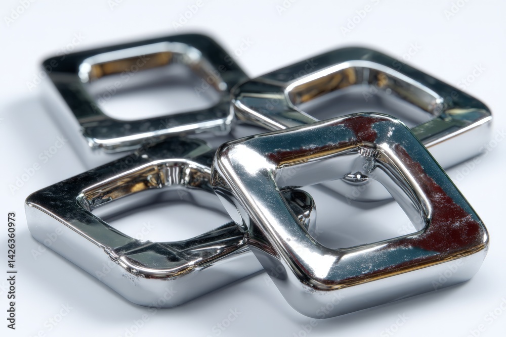 Leinwandbilder four shiny metallic square-shaped objects stacked together on a flat surface in bright light