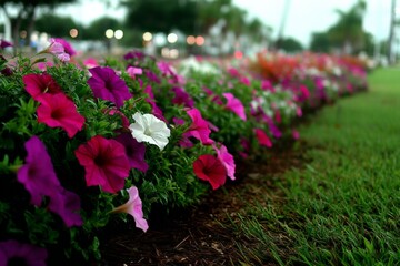 Colorful flower bed featuring petunias along a park walkway on a sunny day
