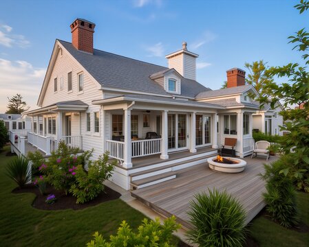 A serene coastal home with a wrap-around porch, overlooking the ocean. The house features white siding and a gray roof, complemented by lush greenery surrounding it. A large deck with a fire pit invit
