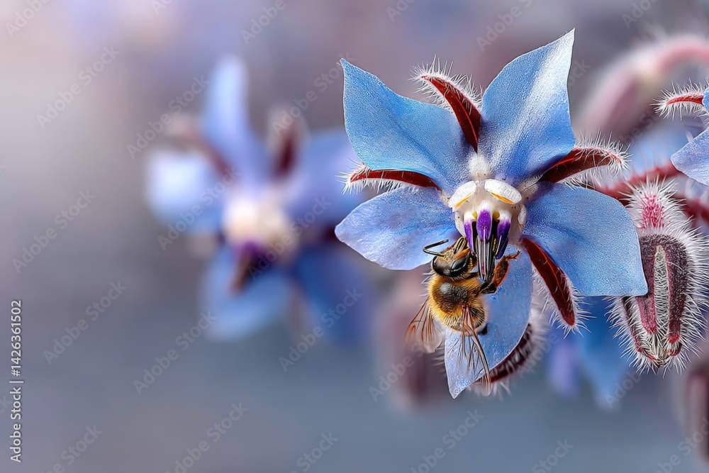 Poster close-up of a bee collecting nectar from a blue flower under soft morning light in a garden setting