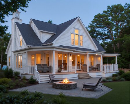 A serene coastal home with a wrap-around porch, overlooking the ocean. The house features white siding and a gray roof, complemented by lush greenery surrounding it. A large deck with a fire pit invit