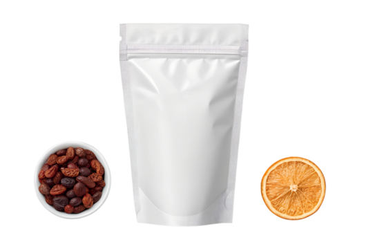 Realistic gusseted packaging bag mockup. White Blank Foil Food Doy Pack Stand Up Pouch Bag Packaging With Zipper. PNG transparency.